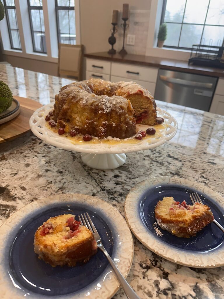 cranberry bundt cake on stand